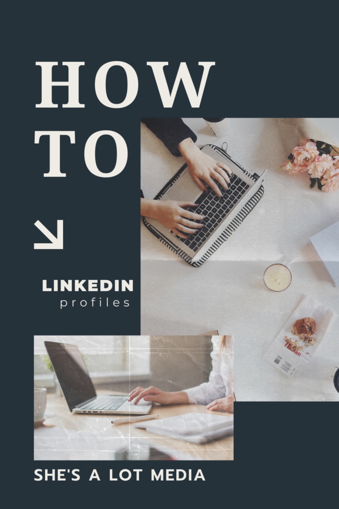 White text on a dark blue background reads "How to: Linkedin Profile Optimization" amid images of a woman working on her laptop. 